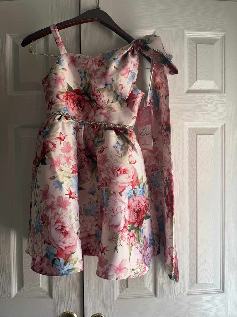 Rare Editions Pink Floral One-Shoulder Dress with Bow